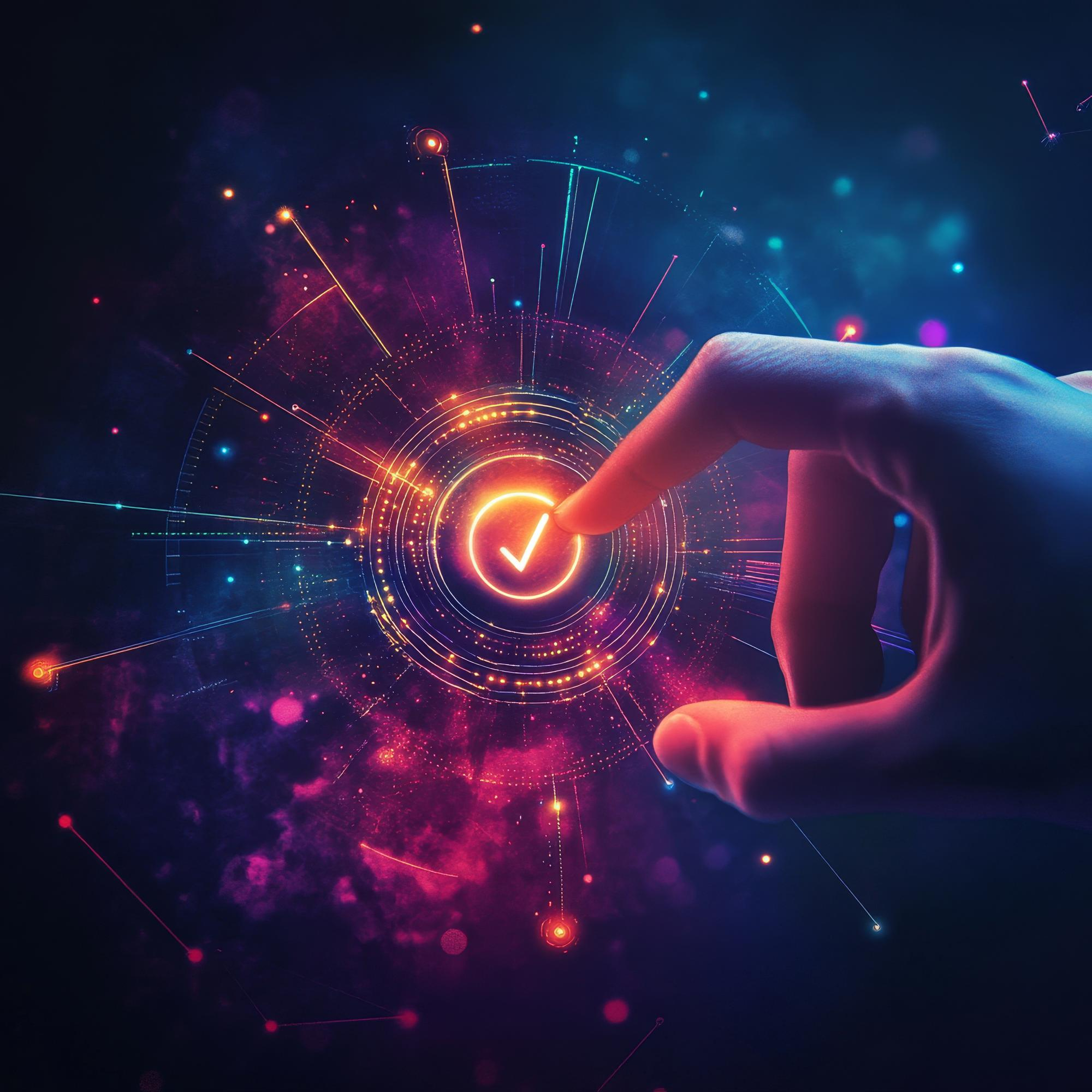 Hand selecting a glowing digital checkmark symbol, representing accountability, ownership mindset, and taking initiative beyond job titles at Infosprint Technologies.