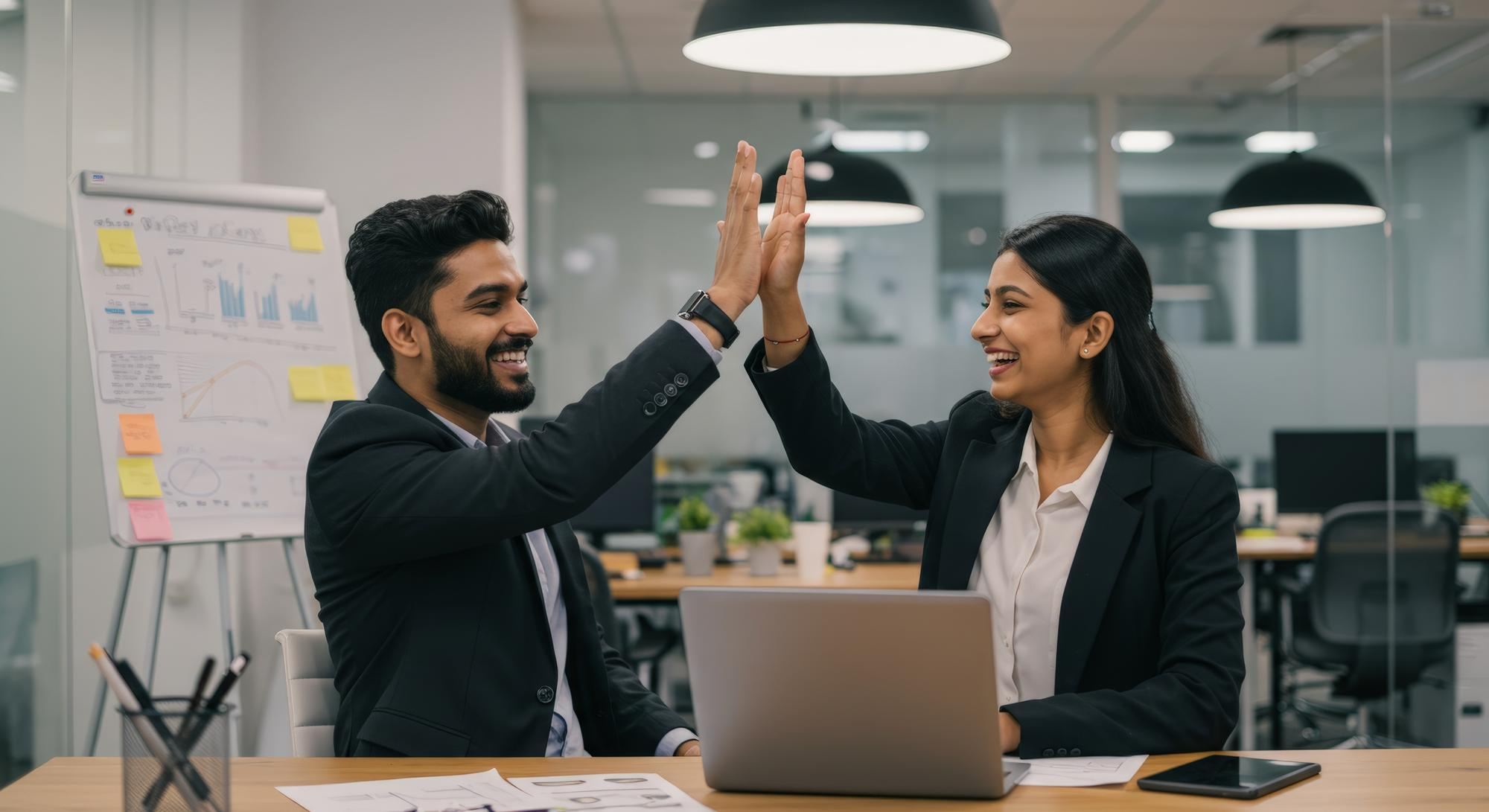Two team members celebrating a successful collaboration with a high-five in an office setting, representing teamwork, shared success, and a collaborative work culture at Infosprint.
