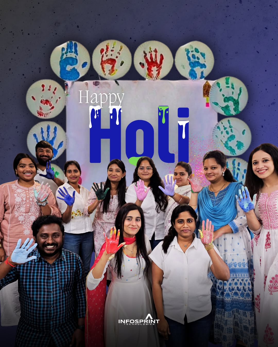 Infosprint team celebrating Holi festival, promoting workplace culture and diversity
