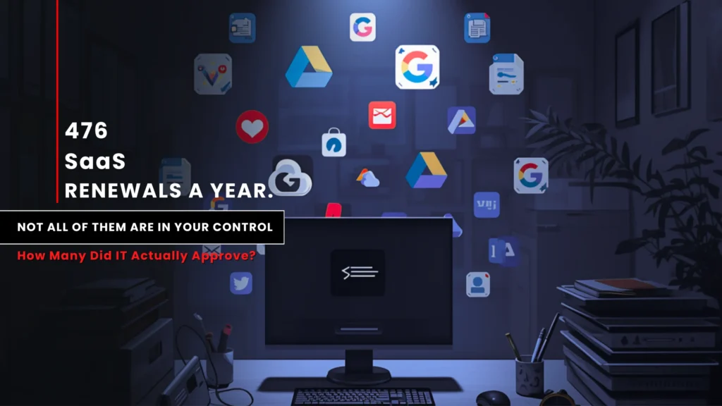 SaaS subscription sprawl showing multiple cloud apps around a workstation highlighting hidden renewals, shadow IT and lack of centralized approval in enterprise environments