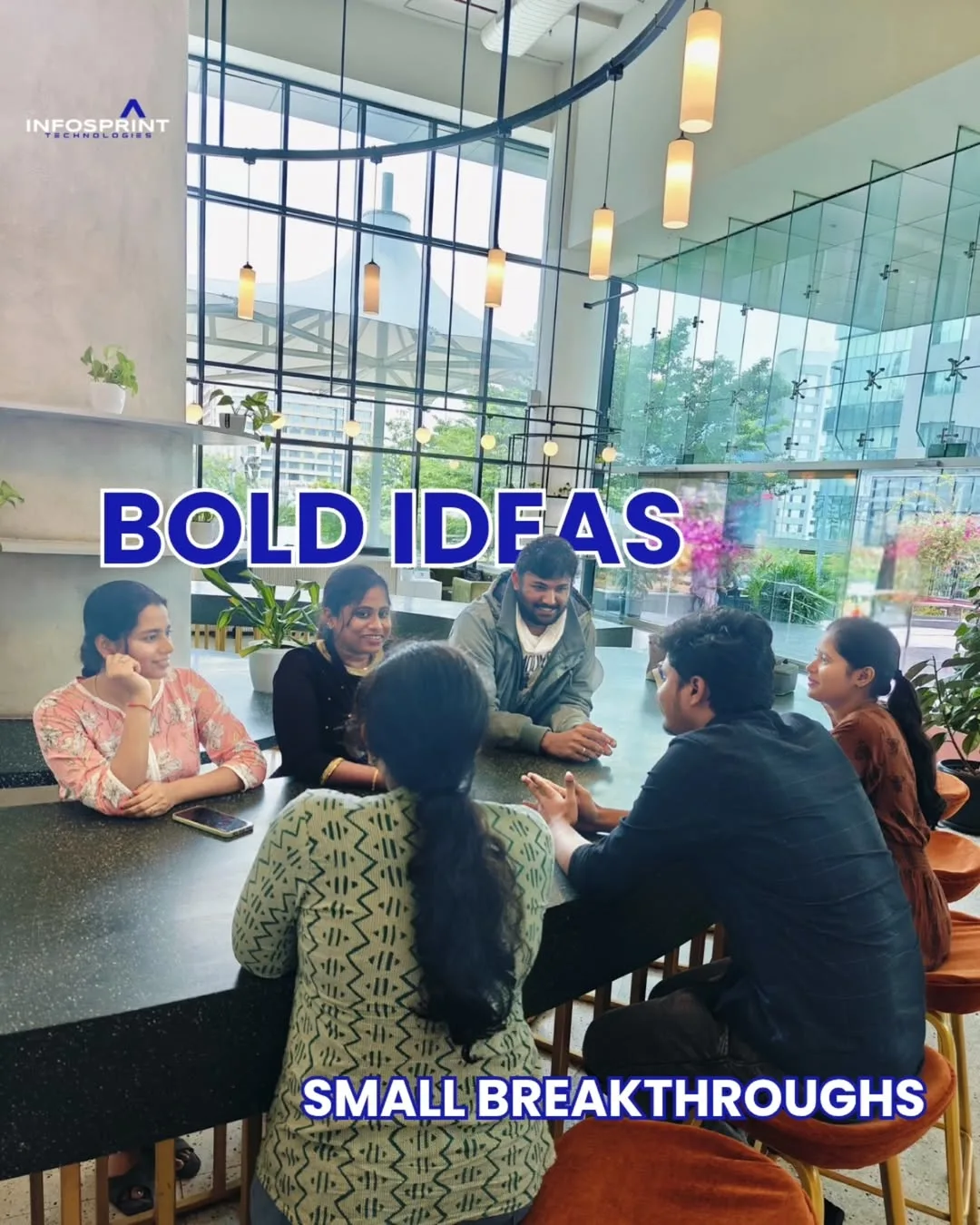 Infosprint team brainstorming bold ideas in a collaborative office environment
